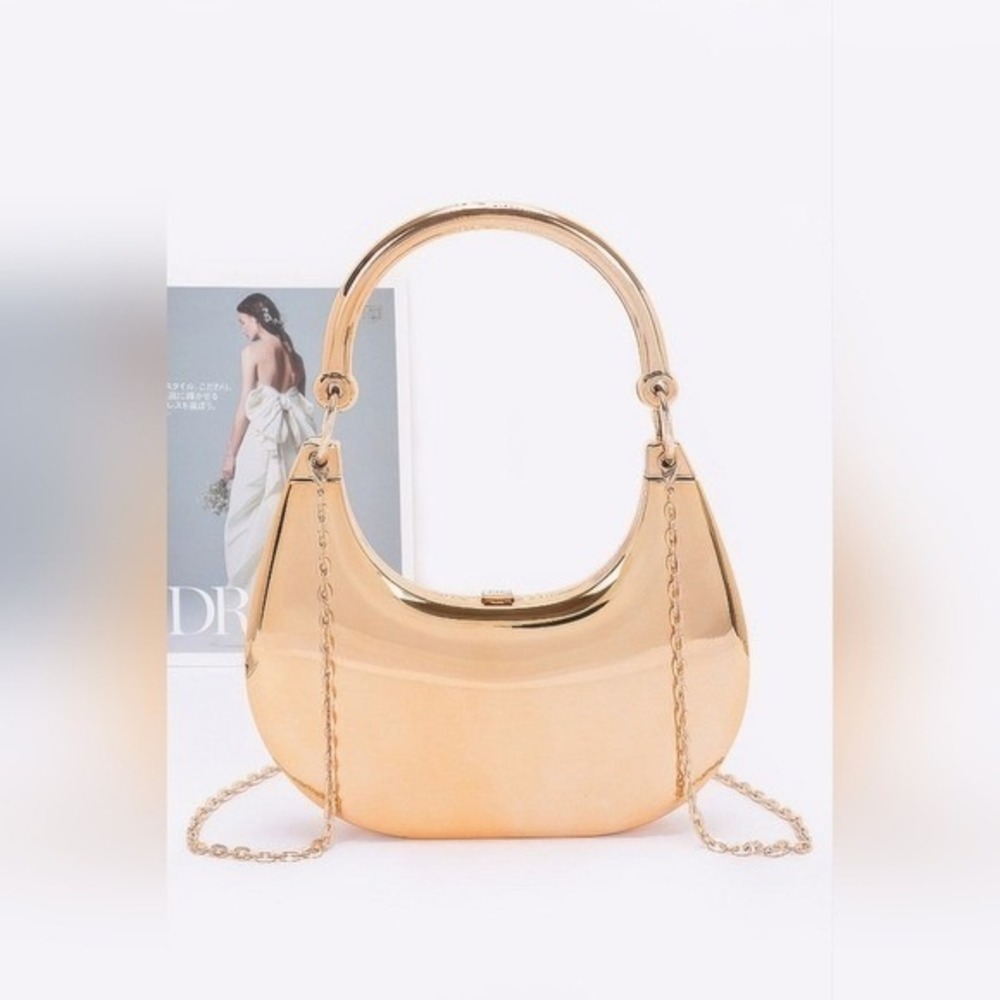 Chic Metallic Crescent Moon Handbag Gold Evening‎ Party Shoulder Bag